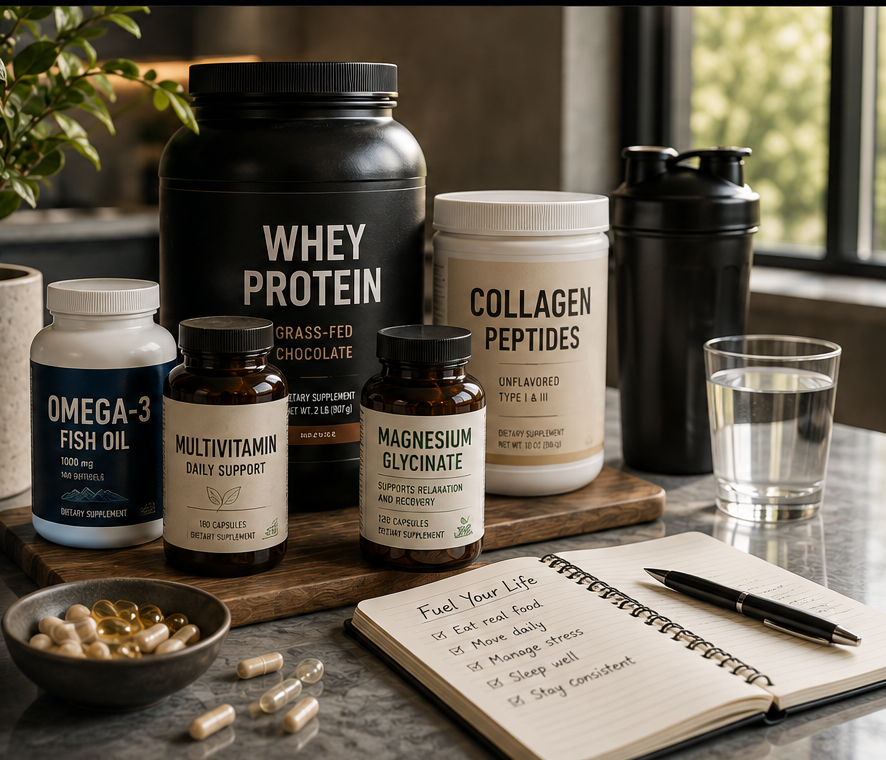 Generic supplement containers beside a wellness journal on a kitchen counter